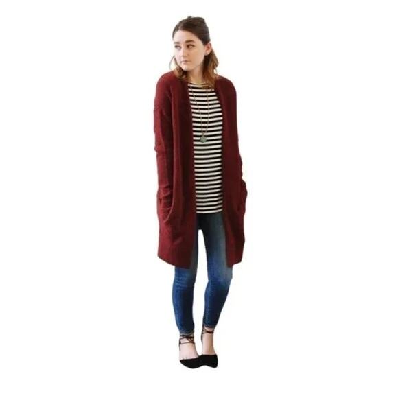 Melloday Women's Open Cardigan Sweater Large Wine NWT Slash Pockets Tunic Length - Picture 2 of 7